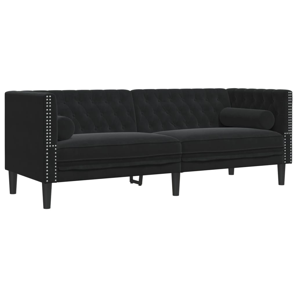 3-tlg. Chesterfield-Sofa-Set mit Nackenrollen Schwarz Samt