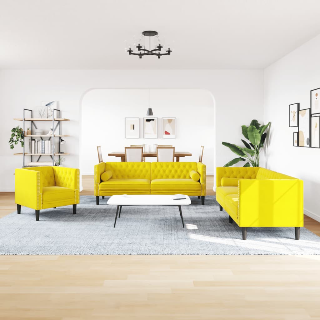 3-tlg. Chesterfield-Sofa-Set mit Nackenrollen Gelb Samt