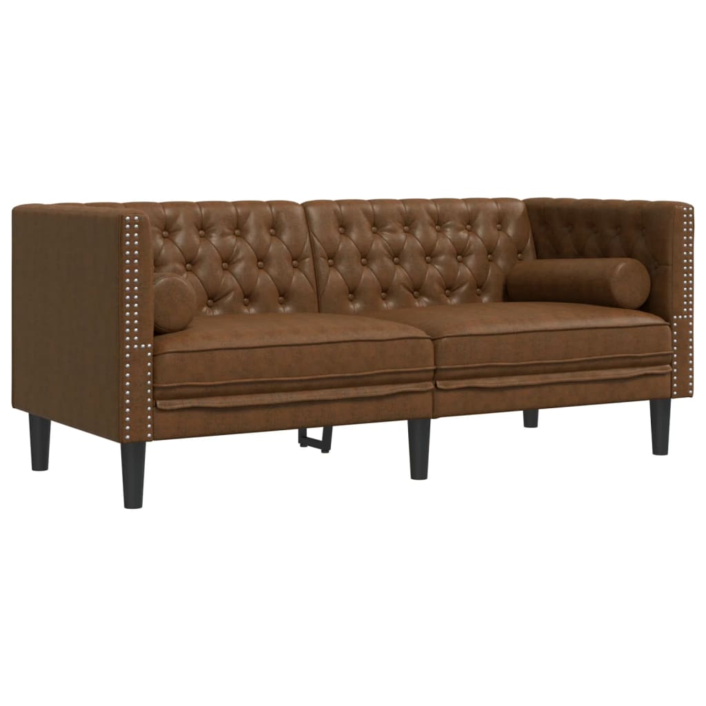 3-tlg. Chesterfield-Sofa-Set Braun Kunstleder Wildleder-Optik