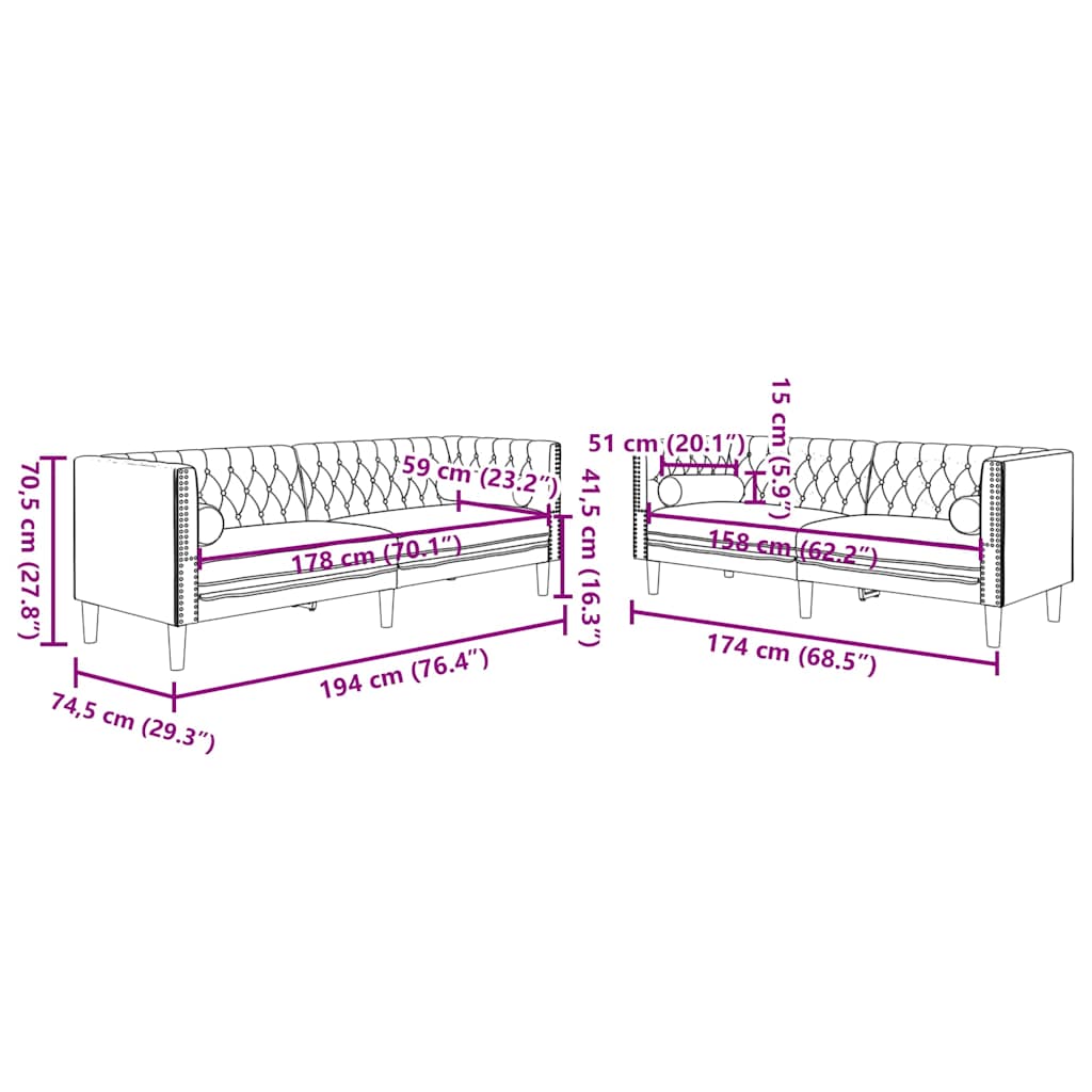 2-tlg. Chesterfield-Sofa-Set mit Nackenrollen Schwarz Samt