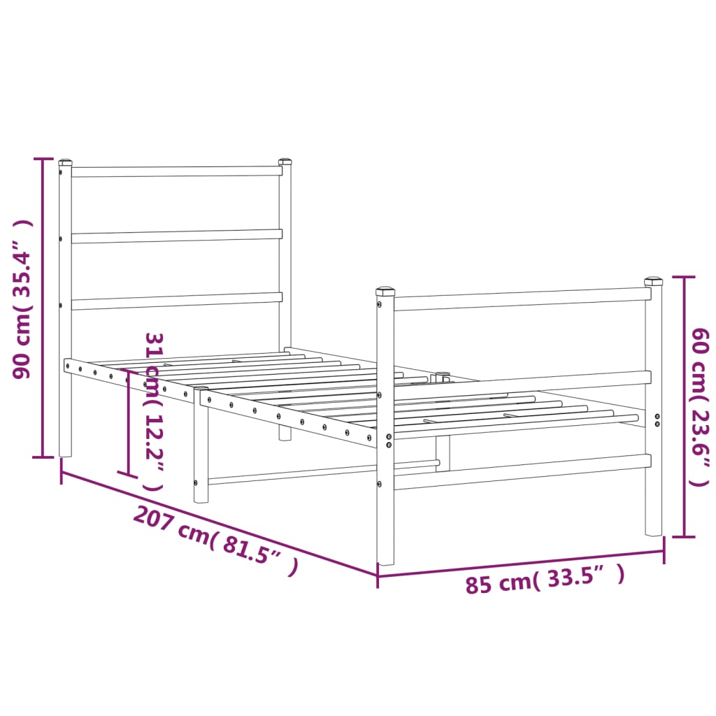 Bed frame with head and footboard metal black 80x200 cm