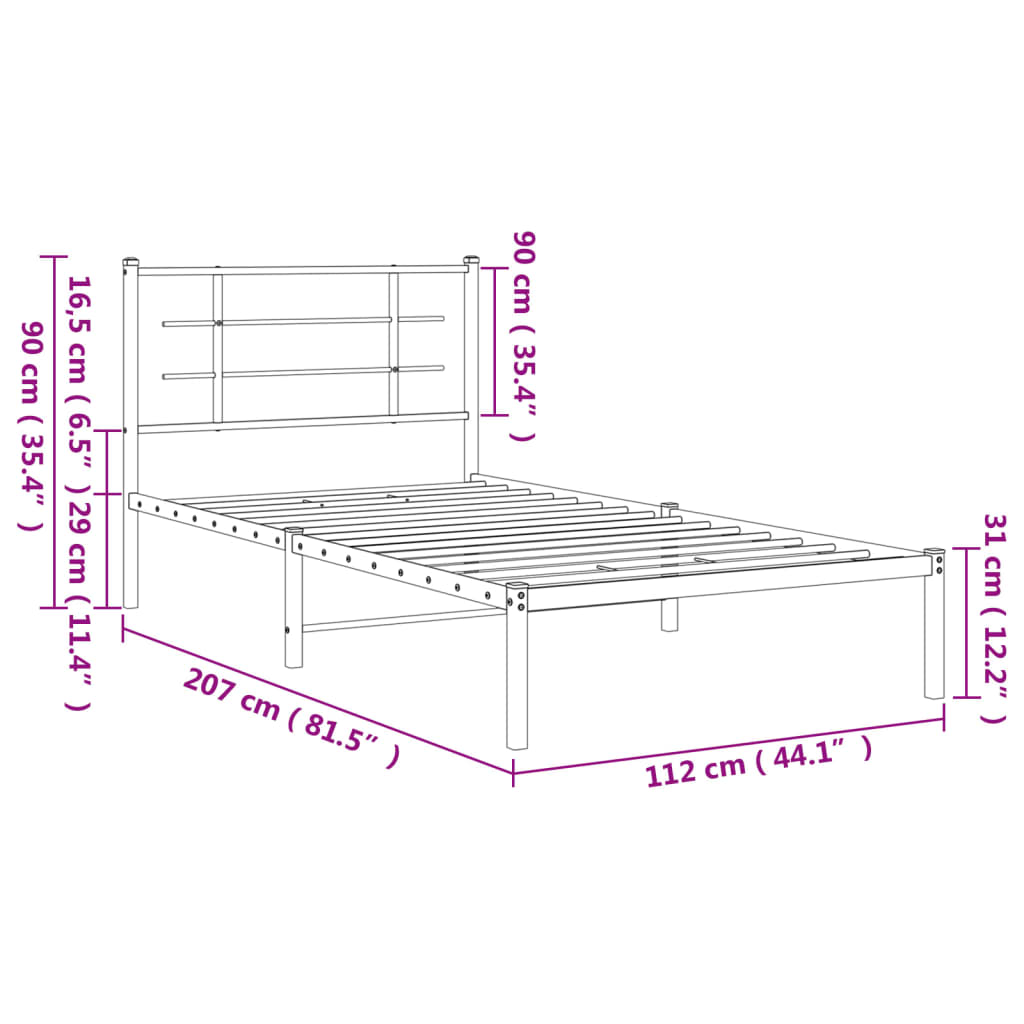 Bed frame with headboard metal black 107x203 cm