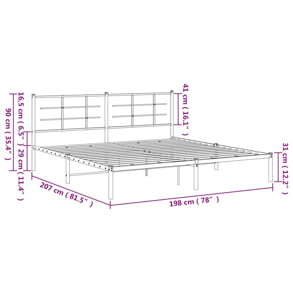Bed frame with headboard metal black 193x203 cm