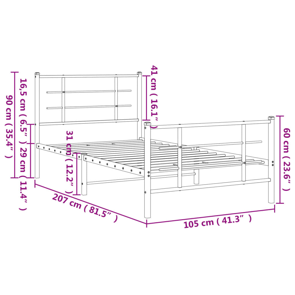 Bed frame with head and footboard metal black 100x200 cm