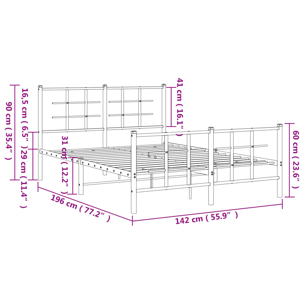 Bed frame with head and footboard metal black 135x190 cm
