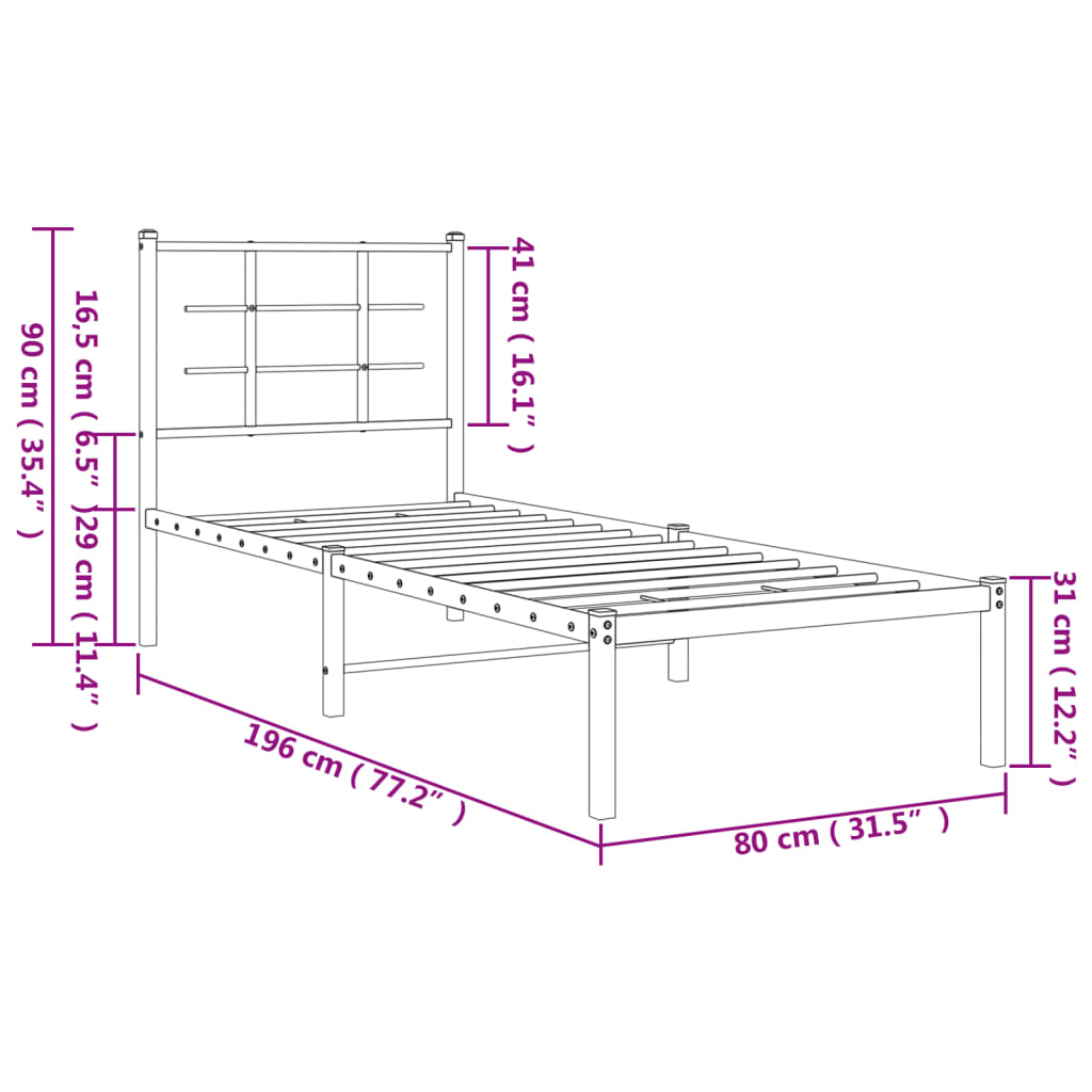 Metallbett ohne Matratze mit Kopfteil Weiß 75x190 cm