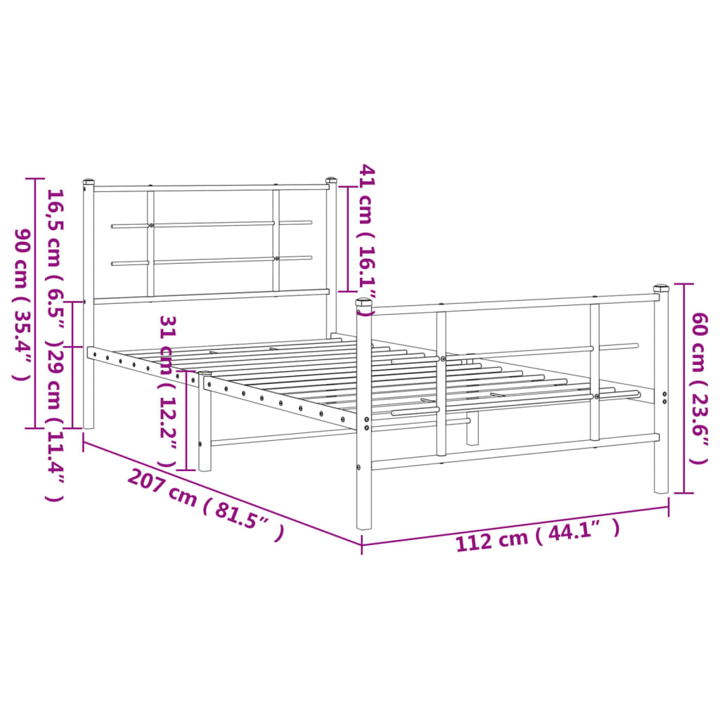 Bed frame with head and footboard metal white 107x203 cm