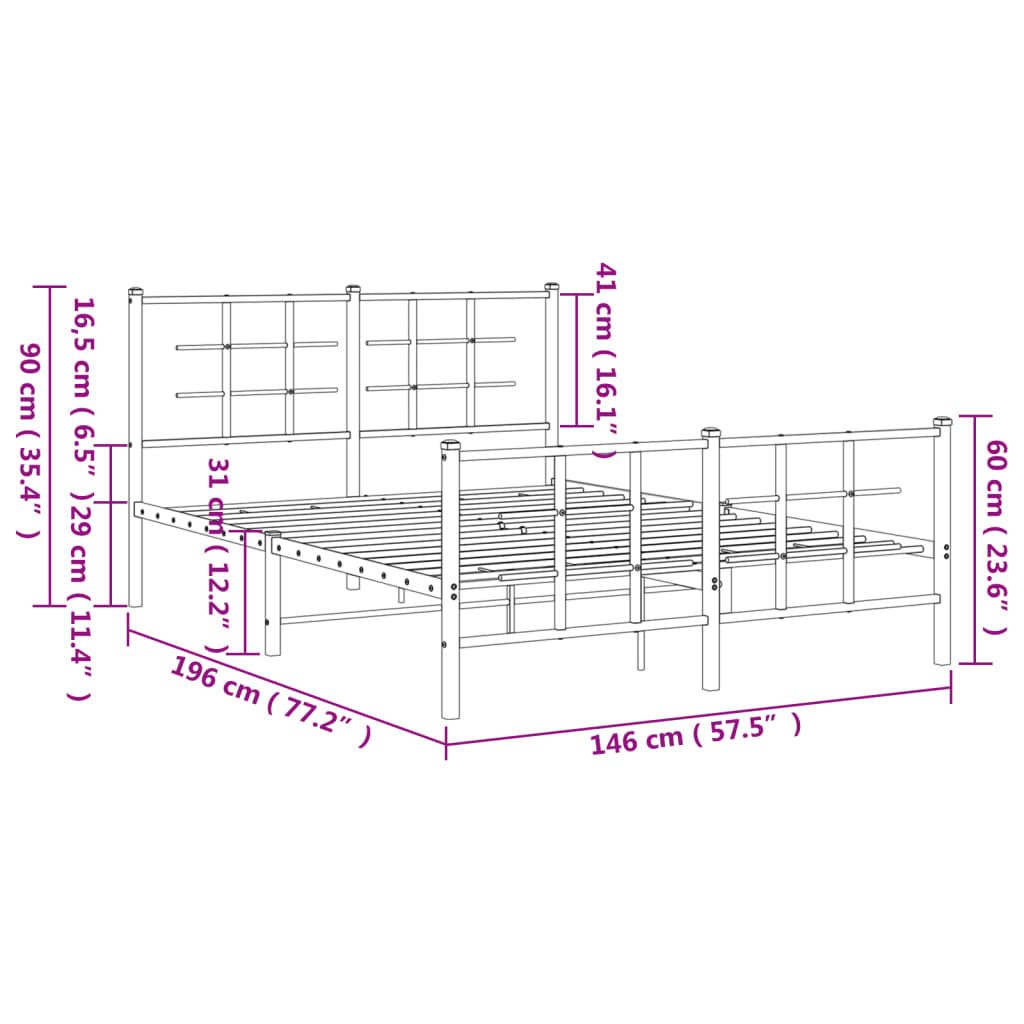 Bed frame with head and footboard metal white 140x190 cm