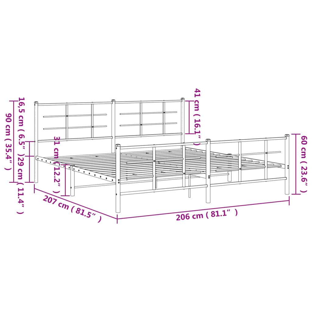 Bed frame with head and footboard metal white 200x200 cm