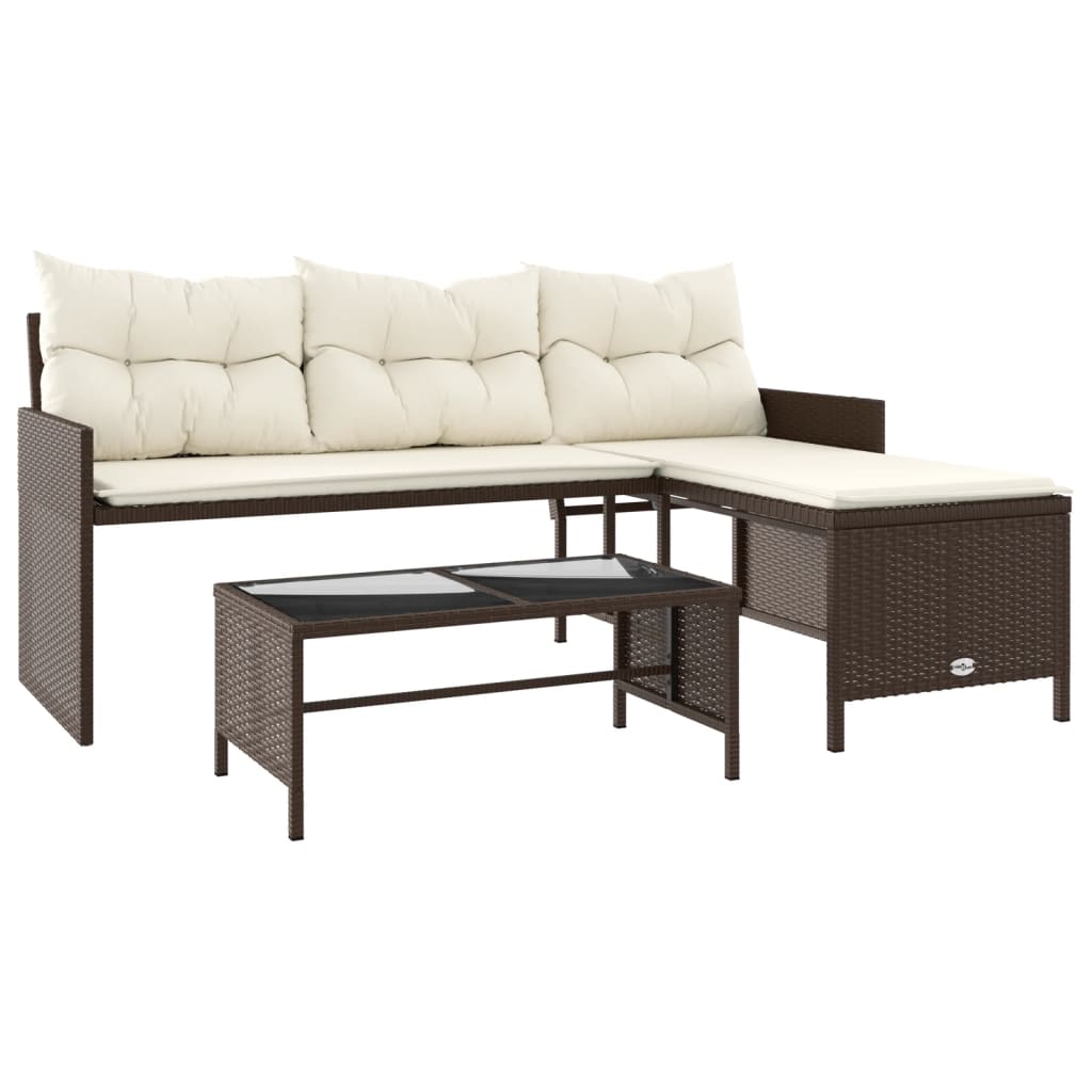 L-shaped garden sofa with table and cushions brown poly rattan