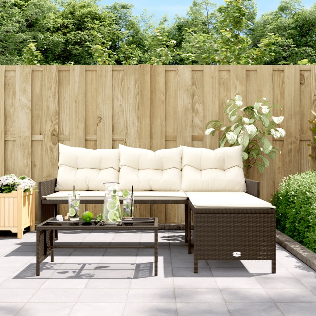 L-shaped garden sofa with table and cushions brown poly rattan