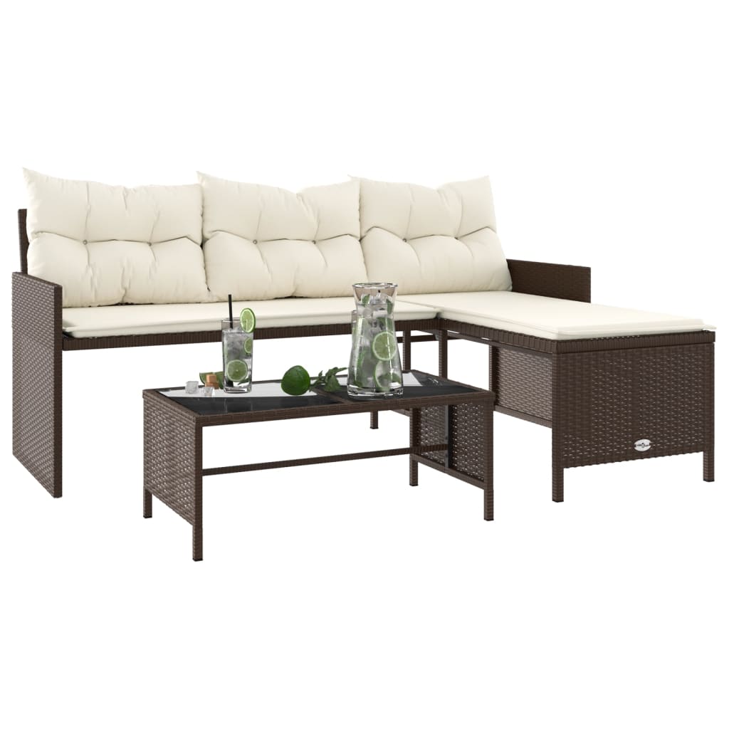 L-shaped garden sofa with table and cushions brown poly rattan