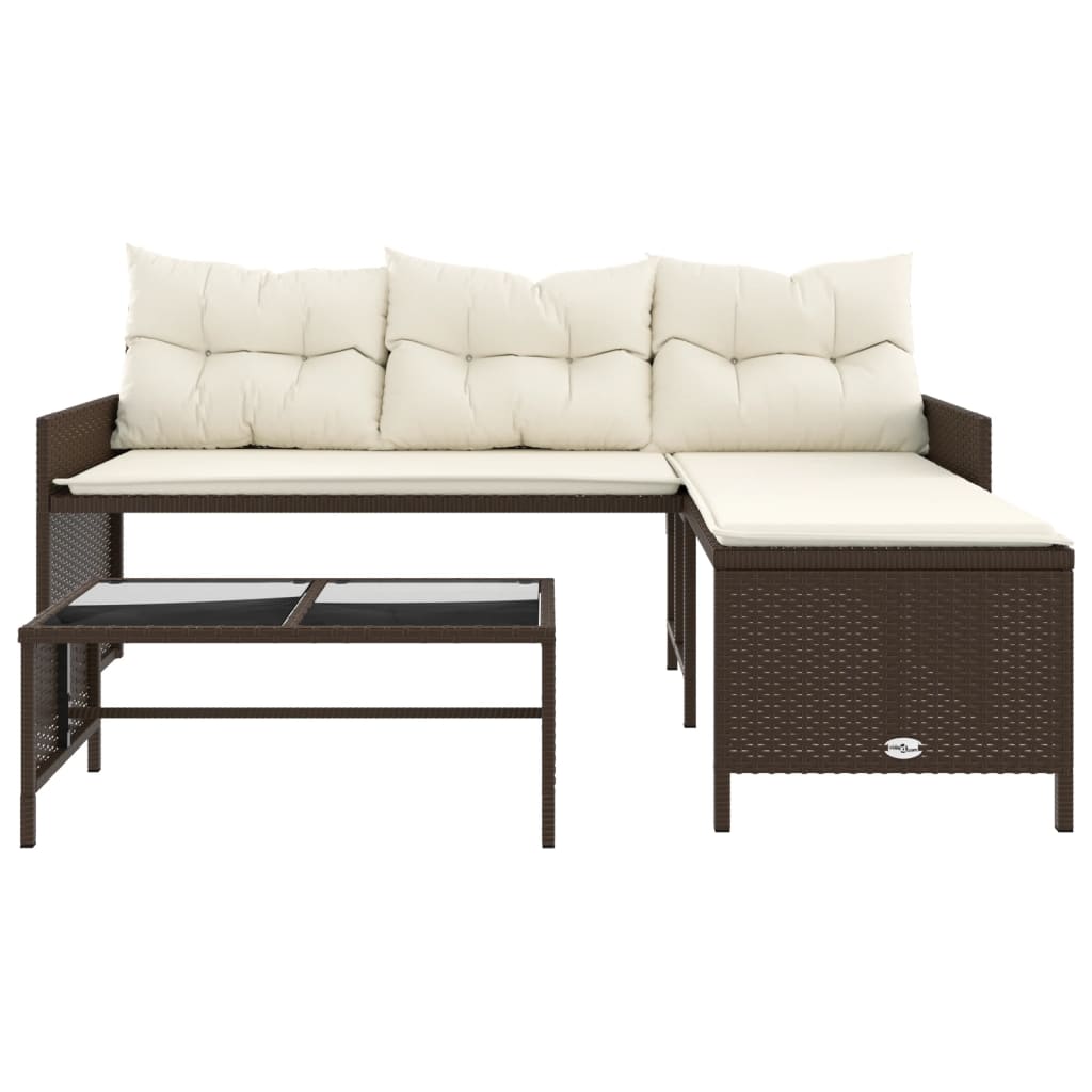 L-shaped garden sofa with table and cushions brown poly rattan