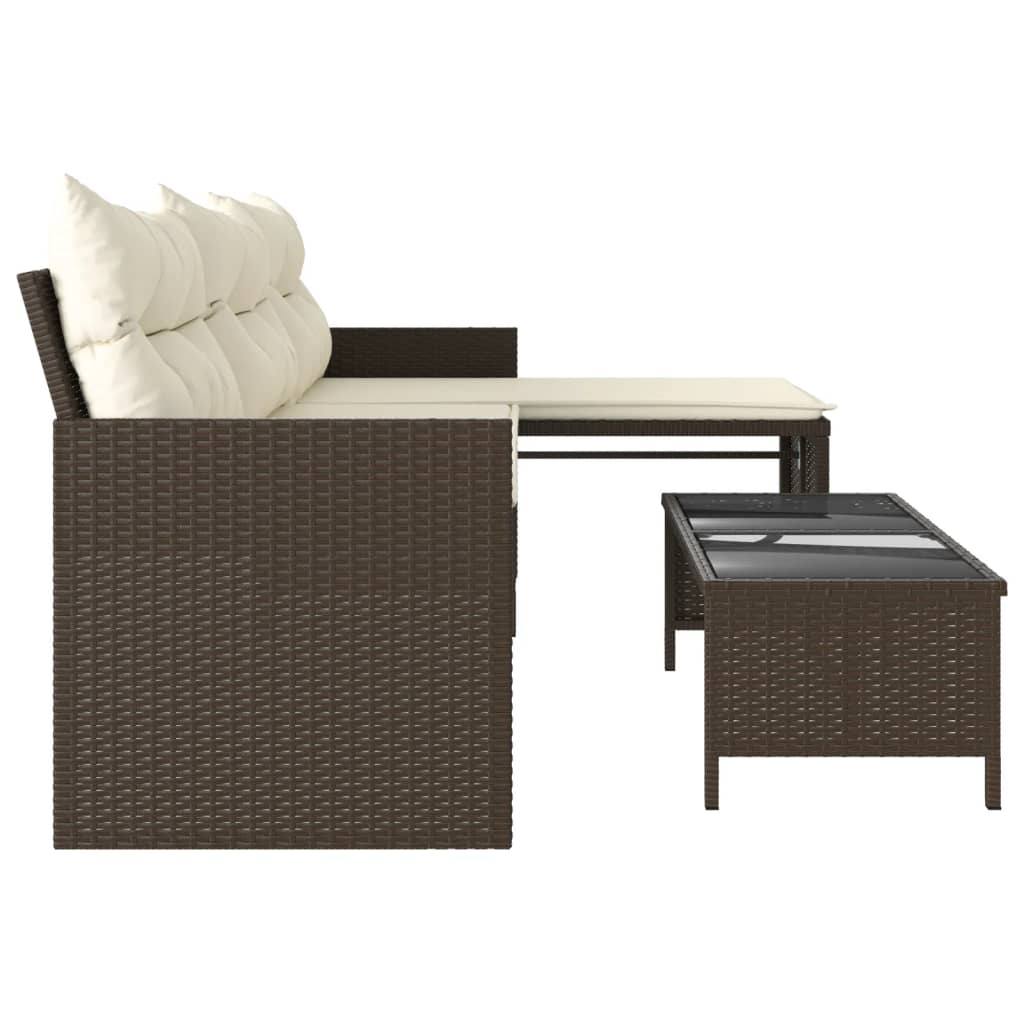 L-shaped garden sofa with table and cushions brown poly rattan