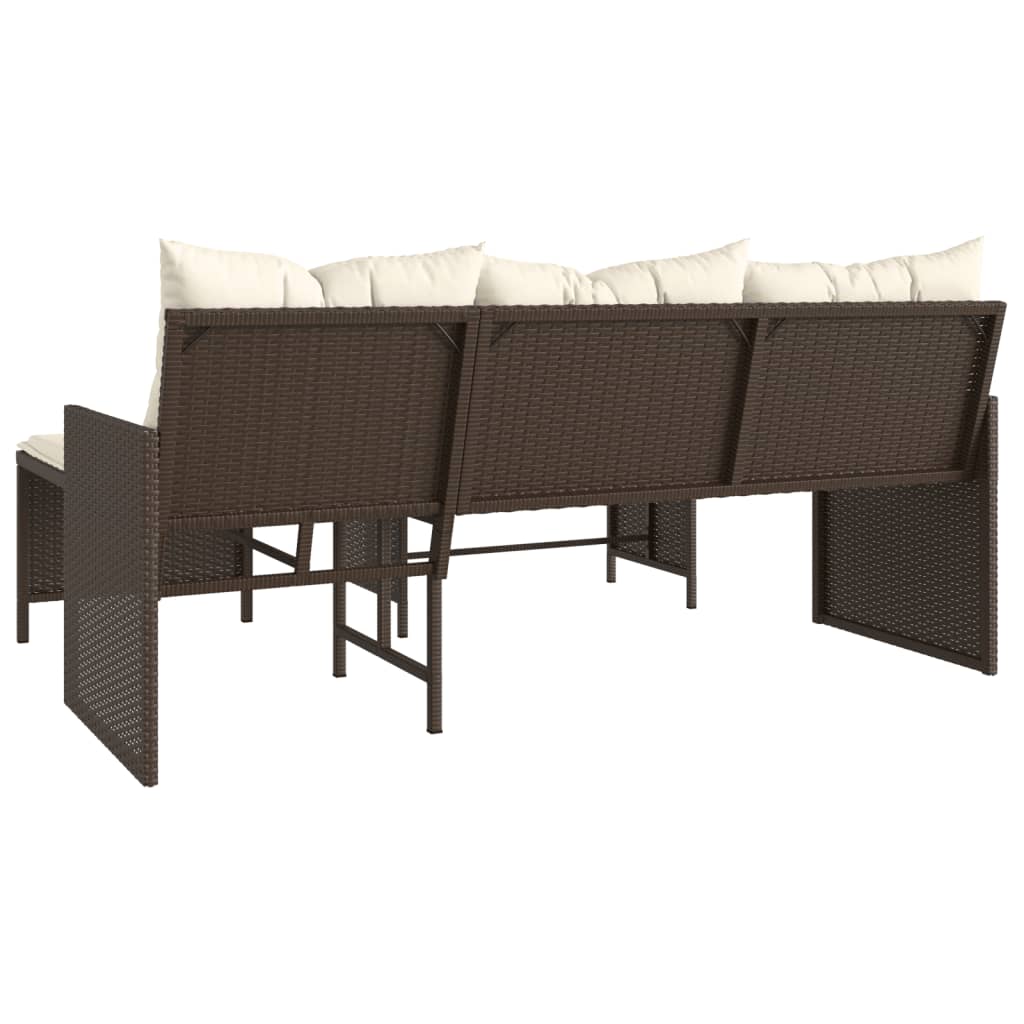 L-shaped garden sofa with table and cushions brown poly rattan