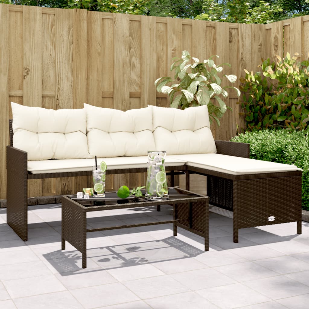 L-shaped garden sofa with table and cushions brown poly rattan