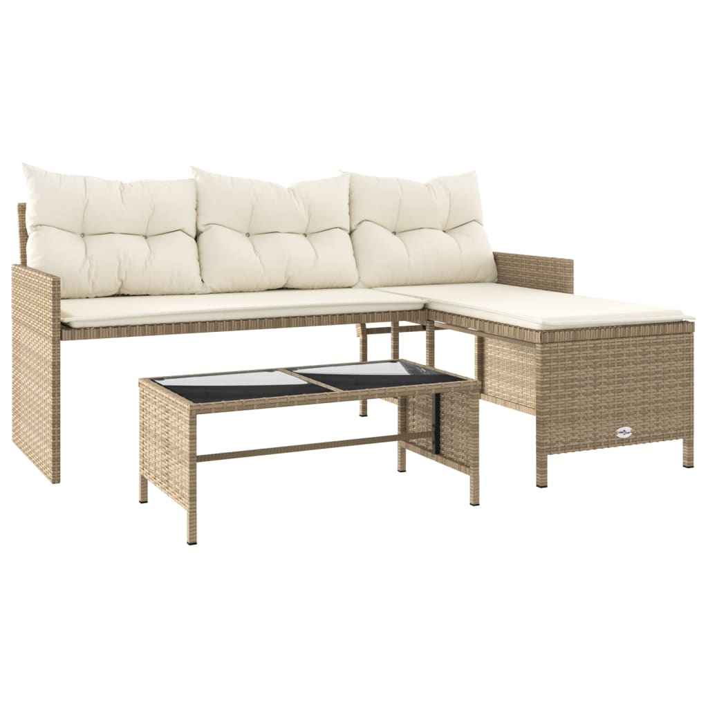 L-shaped garden sofa with table and cushions beige poly rattan