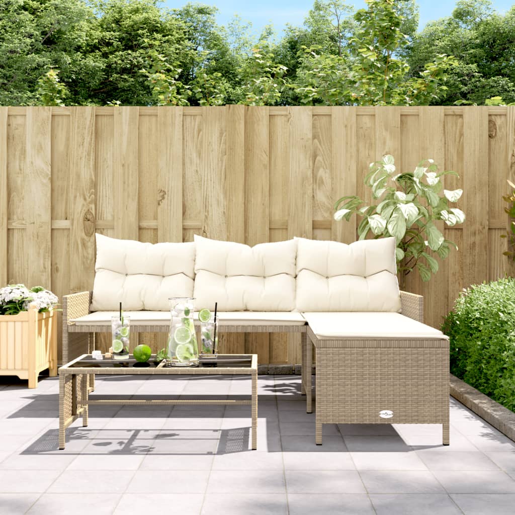 L-shaped garden sofa with table and cushions beige poly rattan