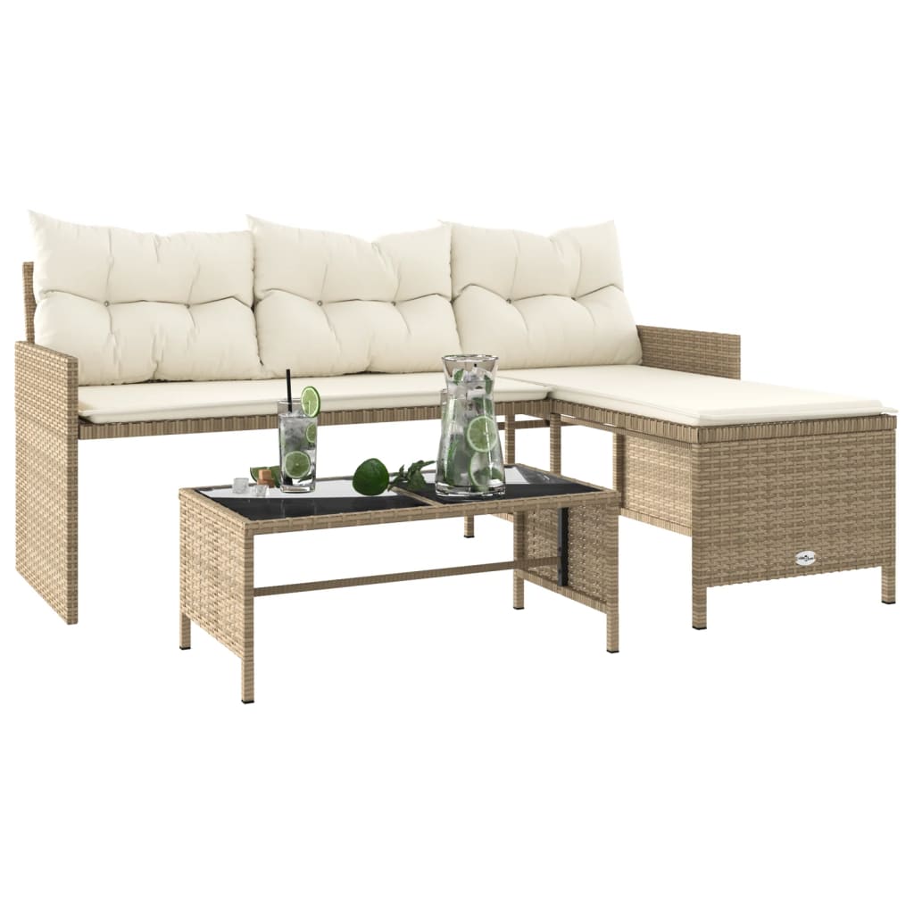 L-shaped garden sofa with table and cushions beige poly rattan