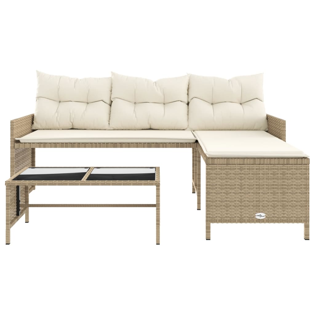 L-shaped garden sofa with table and cushions beige poly rattan