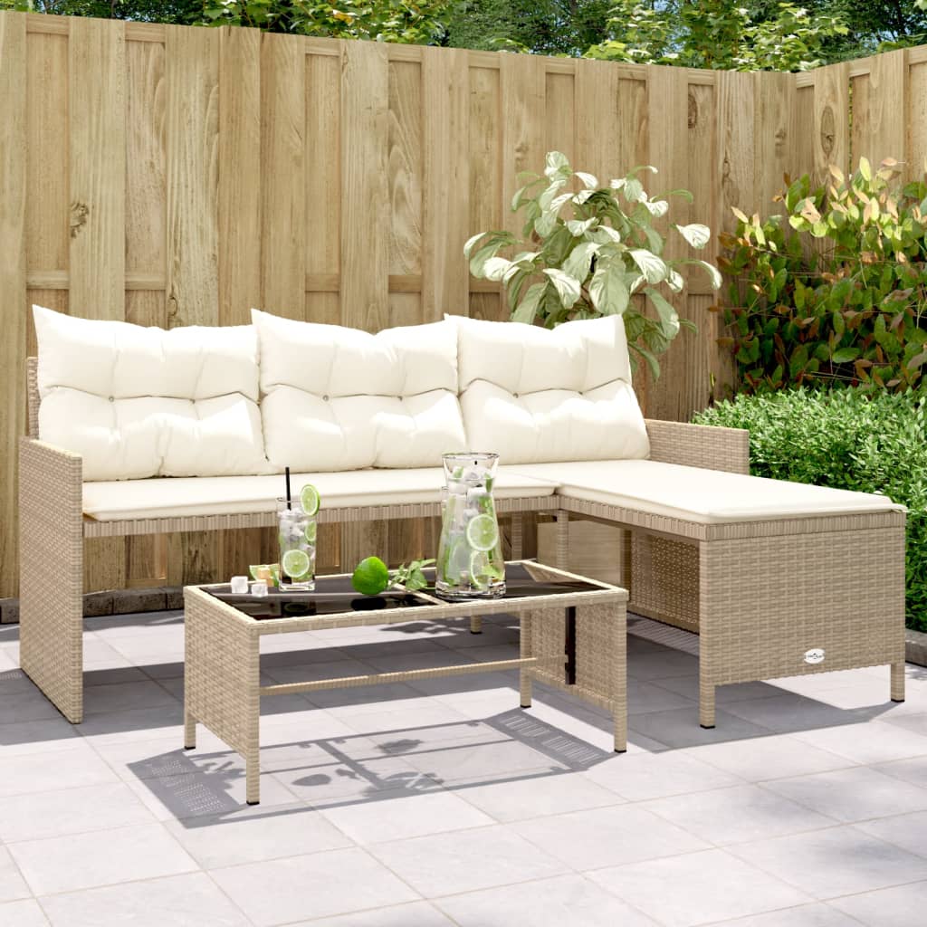 L-shaped garden sofa with table and cushions beige poly rattan