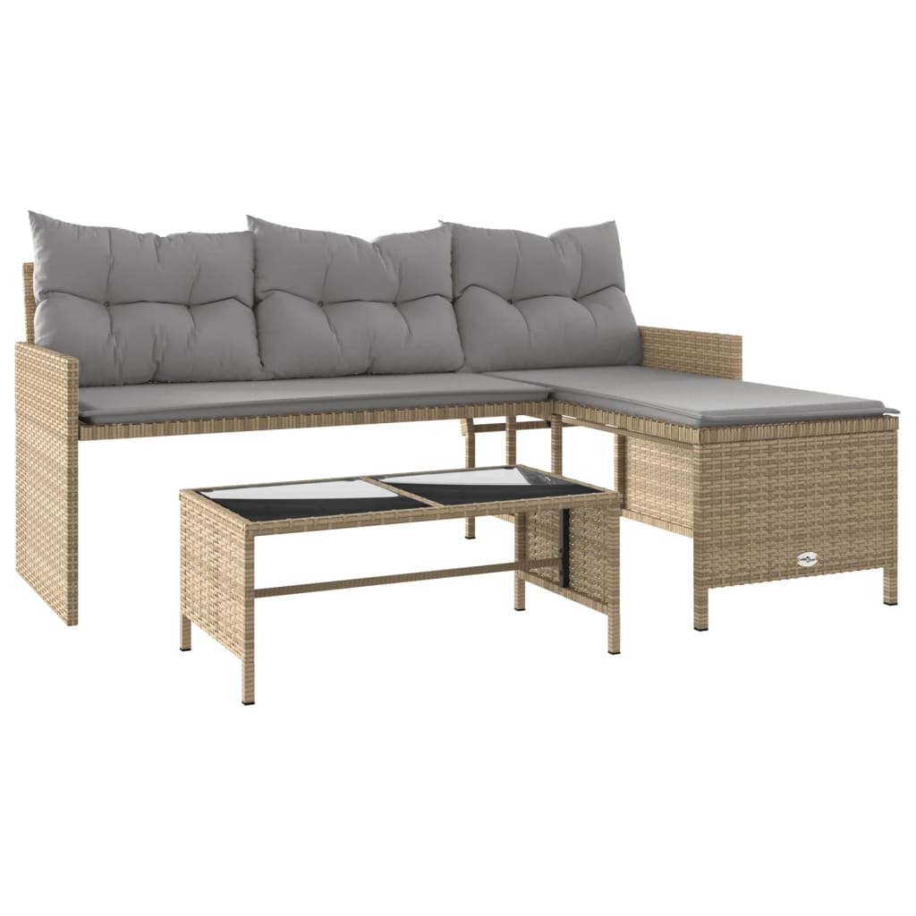 L-shaped garden sofa with table and cushions beige poly rattan