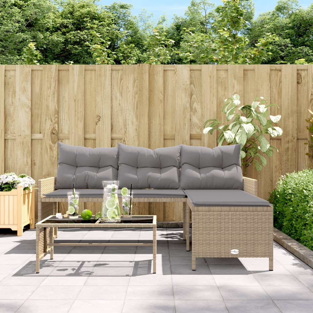 L-shaped garden sofa with table and cushions beige poly rattan