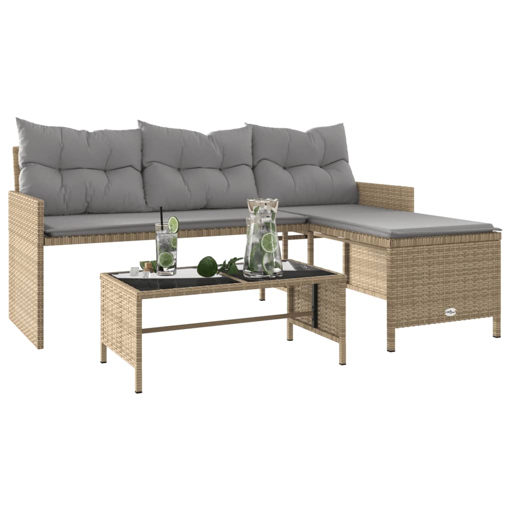 L-shaped garden sofa with table and cushions beige poly rattan