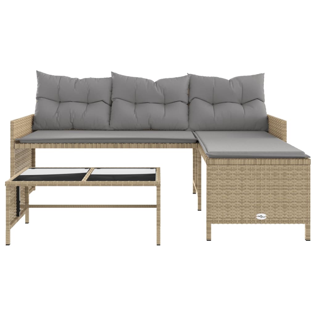 L-shaped garden sofa with table and cushions beige poly rattan