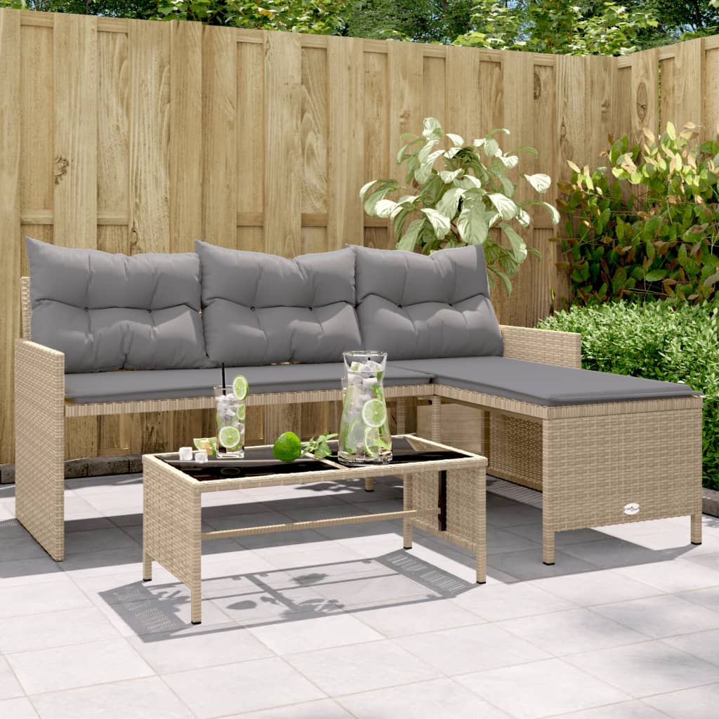 L-shaped garden sofa with table and cushions beige poly rattan