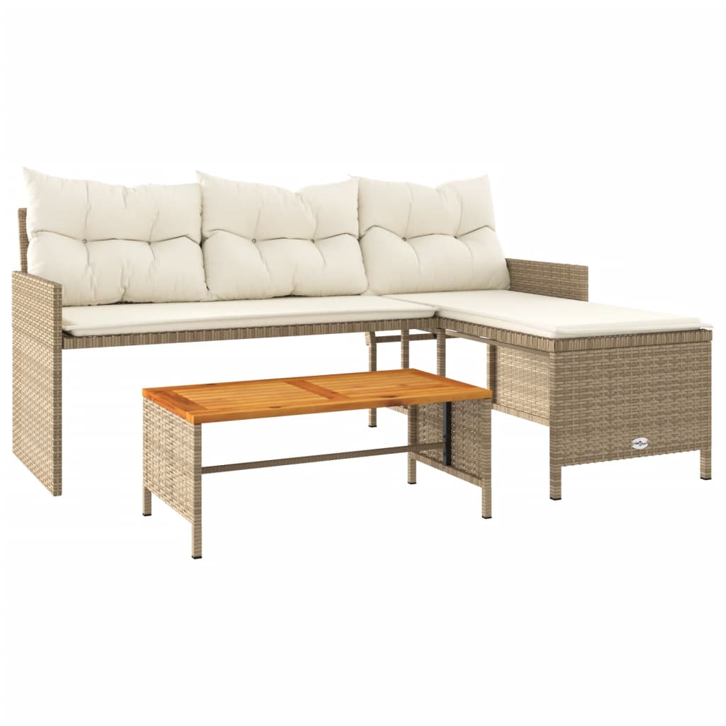 L-shaped garden sofa with table and cushions beige poly rattan