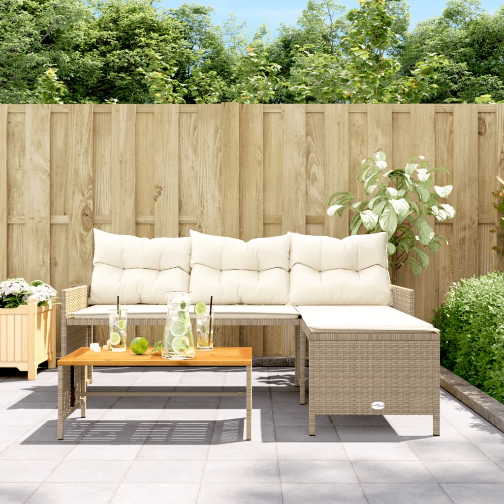 L-shaped garden sofa with table and cushions beige poly rattan