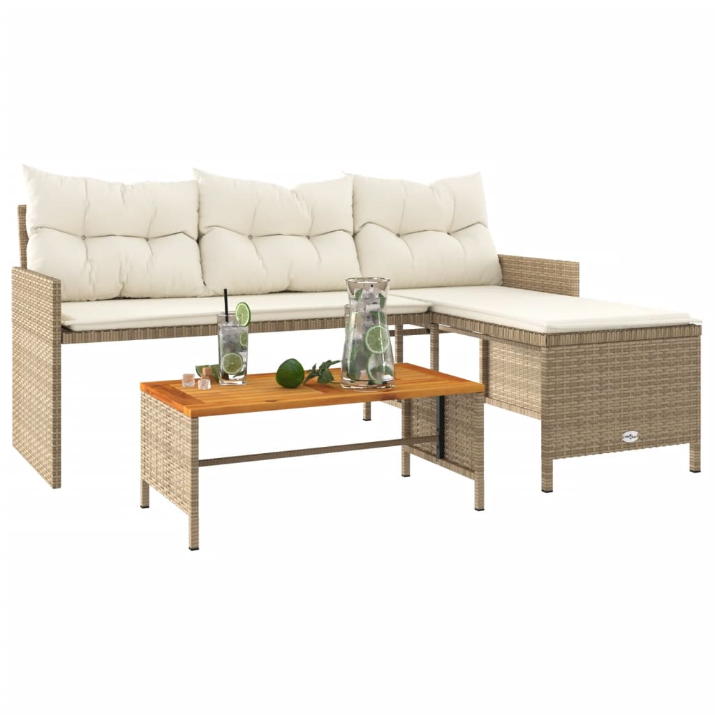 L-shaped garden sofa with table and cushions beige poly rattan