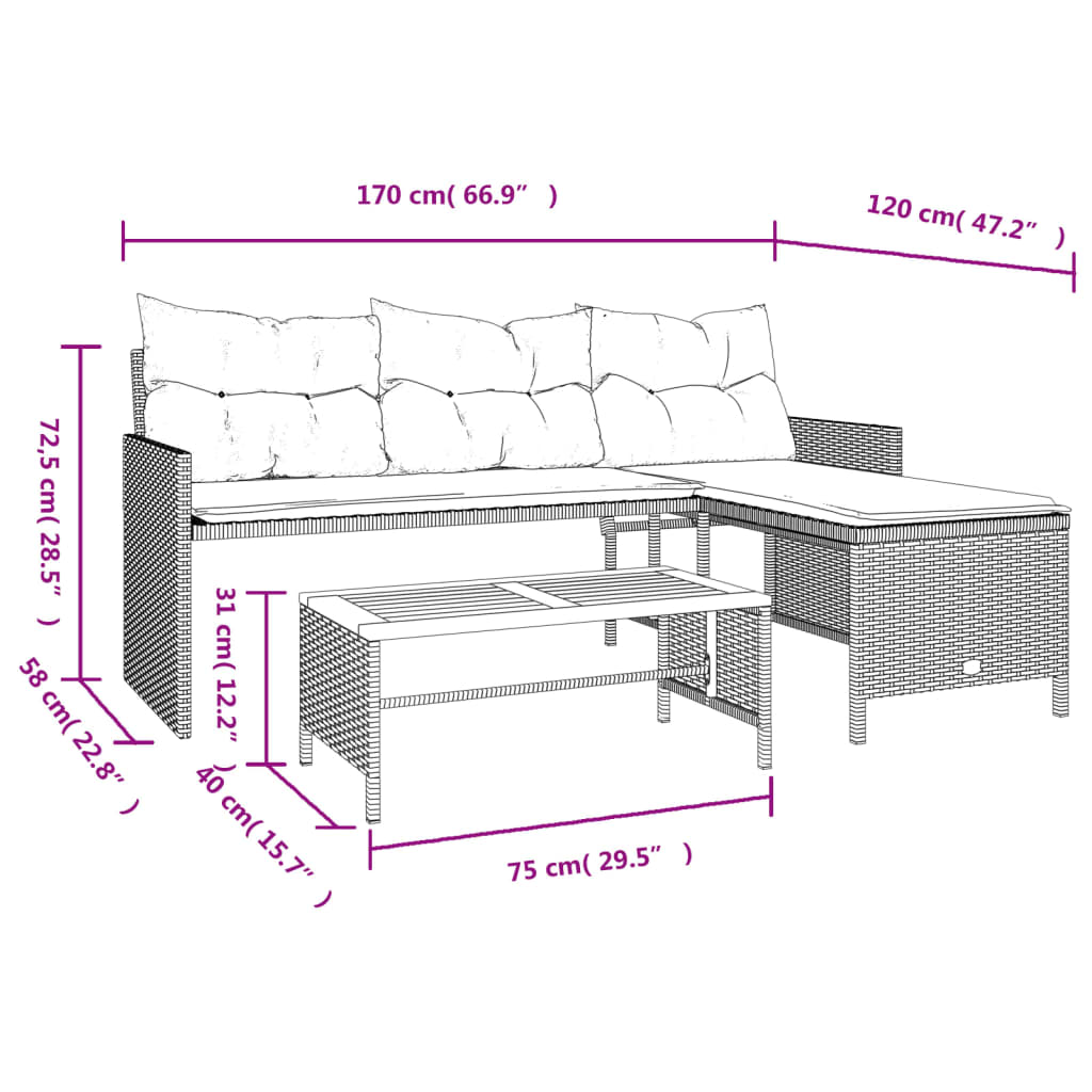 L-shaped garden sofa with table and cushions beige poly rattan