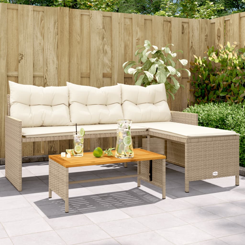 L-shaped garden sofa with table and cushions beige poly rattan