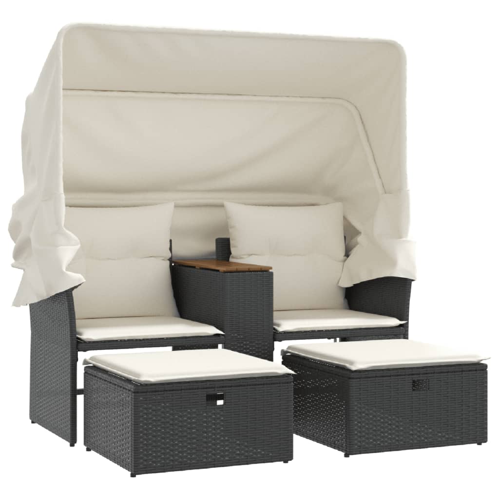 Garden Sofa 2-Seater with Roof and Stools Black Poly Rattan