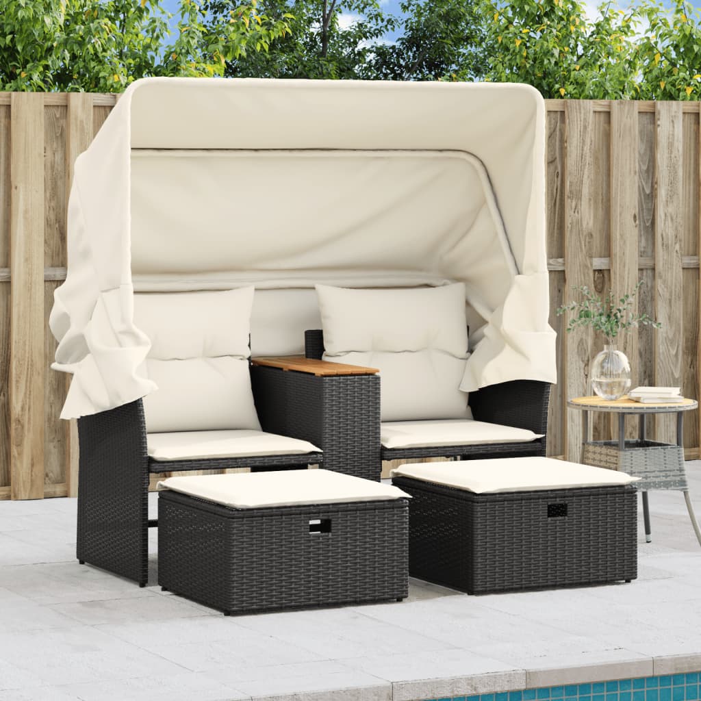 Garden Sofa 2-Seater with Roof and Stools Black Poly Rattan
