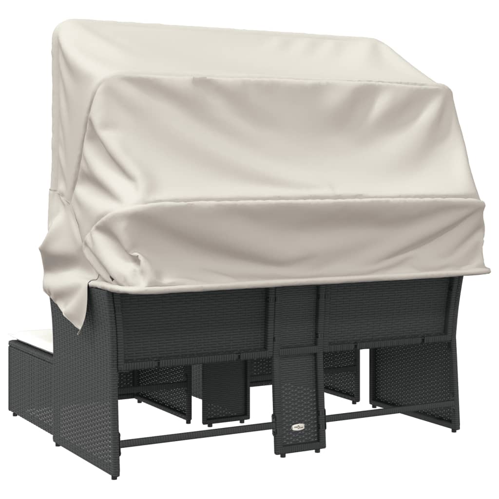 Garden Sofa 2-Seater with Roof and Stools Black Poly Rattan