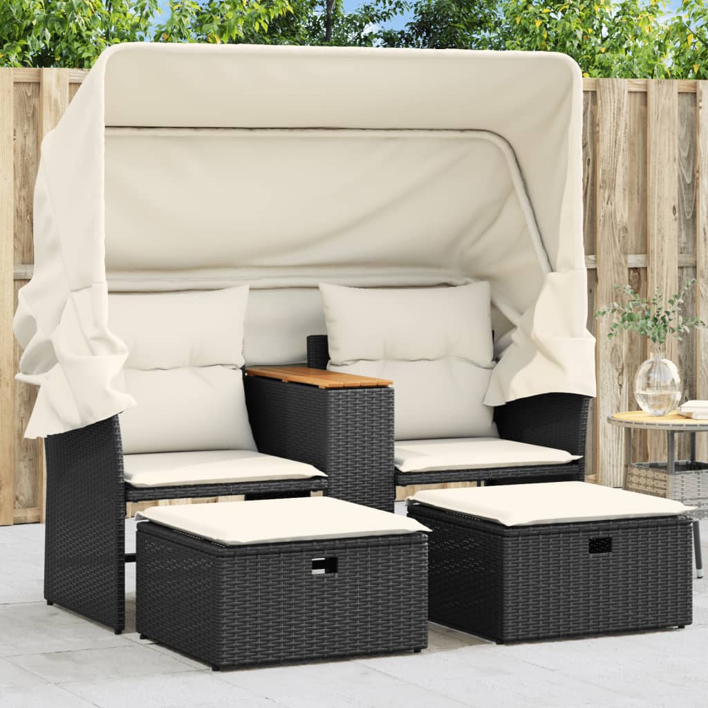 Garden Sofa 2-Seater with Roof and Stools Black Poly Rattan