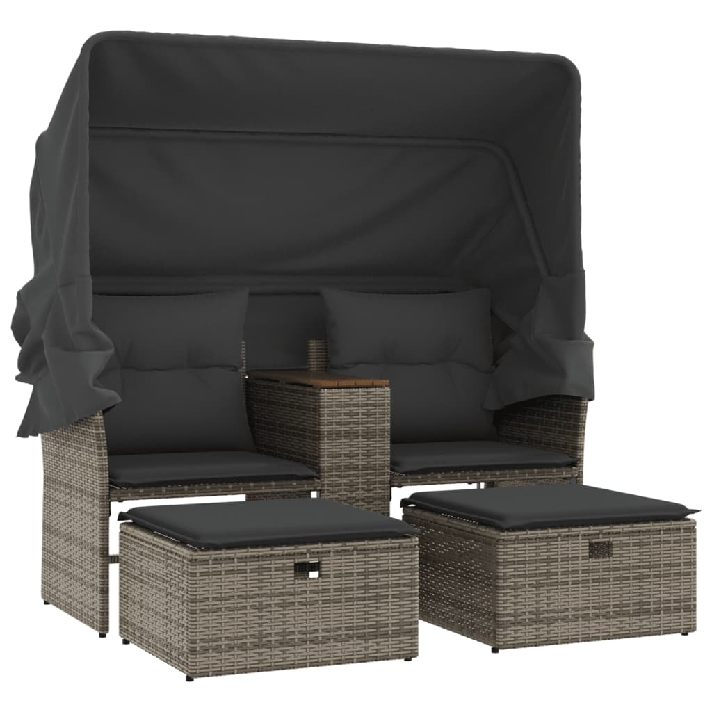 Garden Sofa 2-Seater with Roof and Stools Grey Poly Rattan