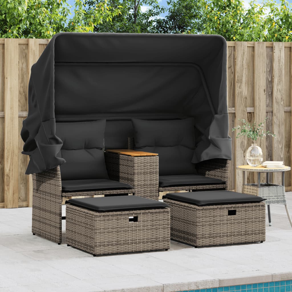 Garden Sofa 2-Seater with Roof and Stools Grey Poly Rattan
