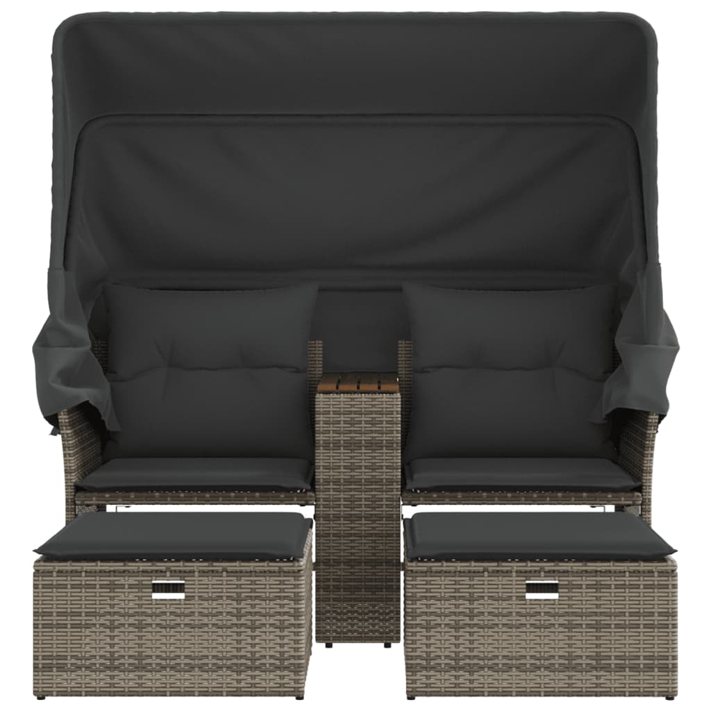 Garden Sofa 2-Seater with Roof and Stools Grey Poly Rattan
