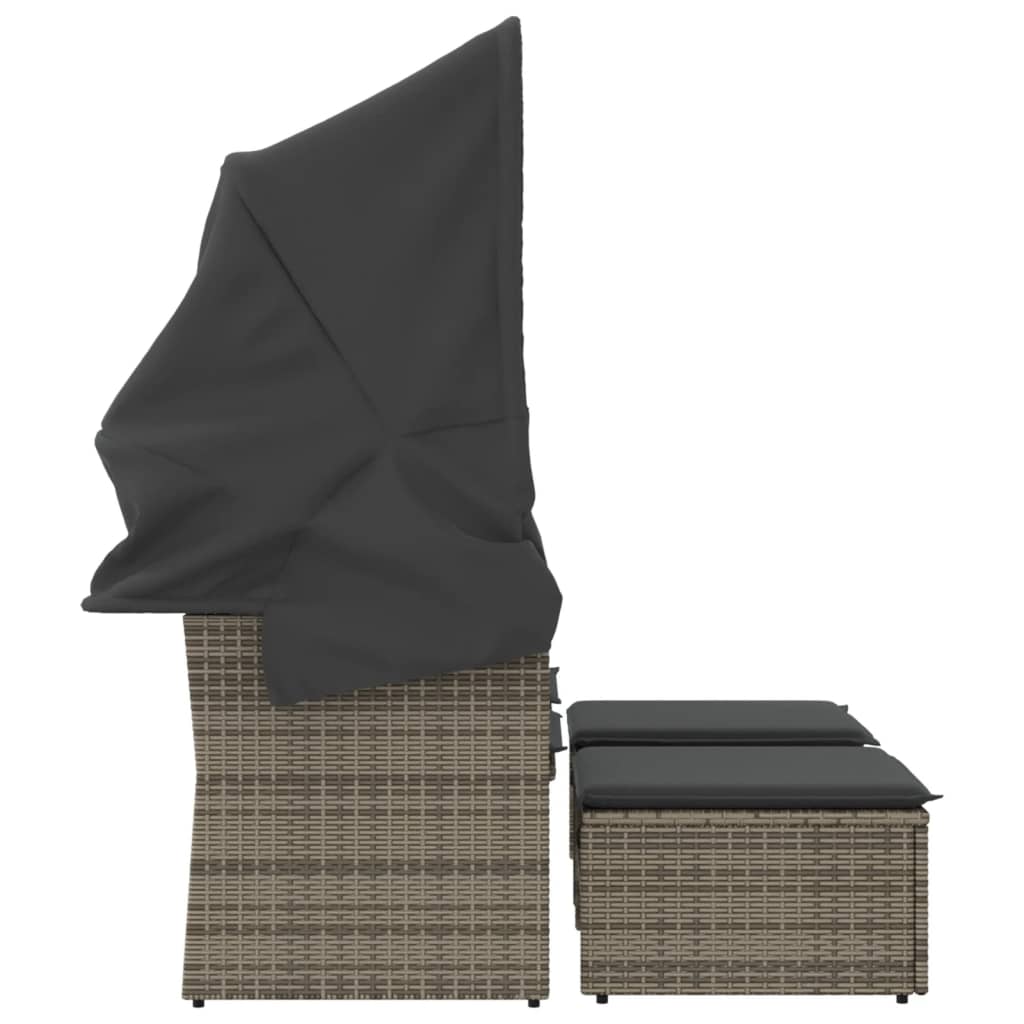 Garden Sofa 2-Seater with Roof and Stools Grey Poly Rattan