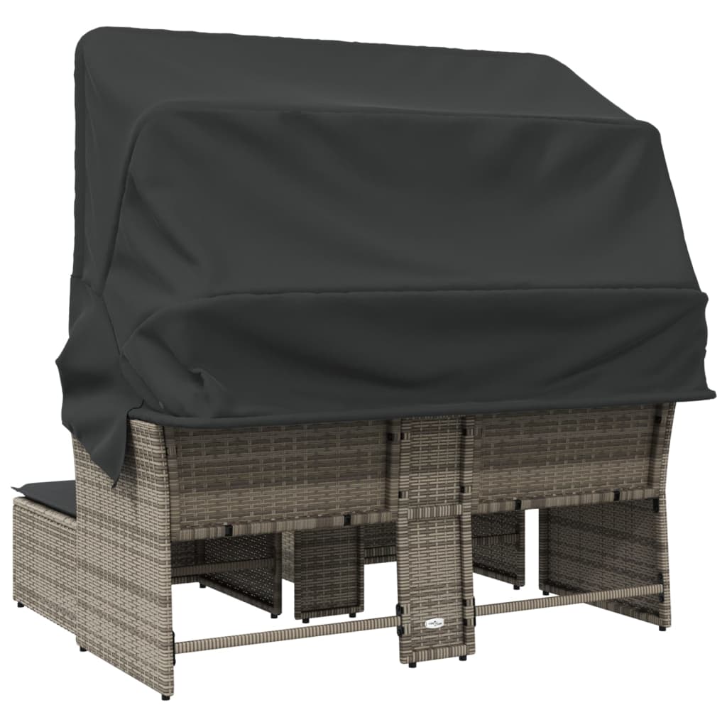 Garden Sofa 2-Seater with Roof and Stools Grey Poly Rattan