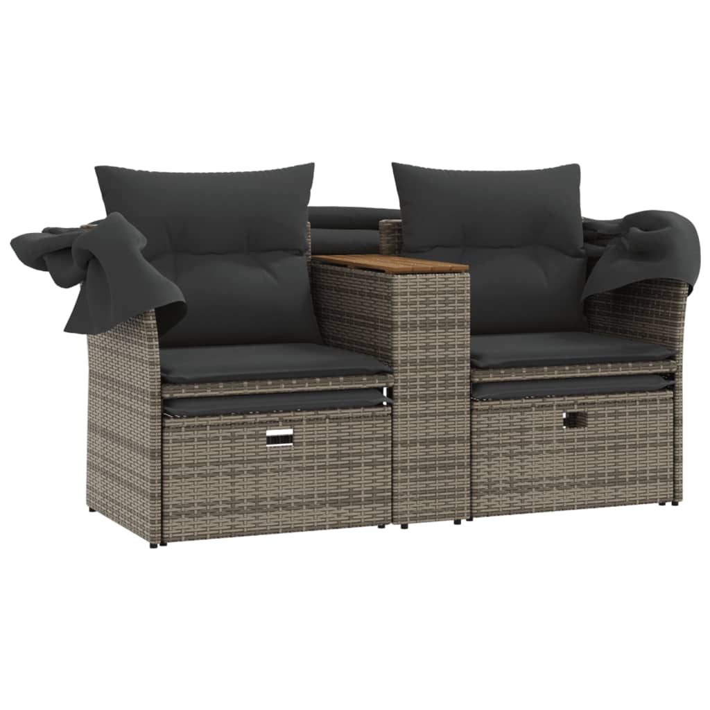 Garden Sofa 2-Seater with Roof and Stools Grey Poly Rattan