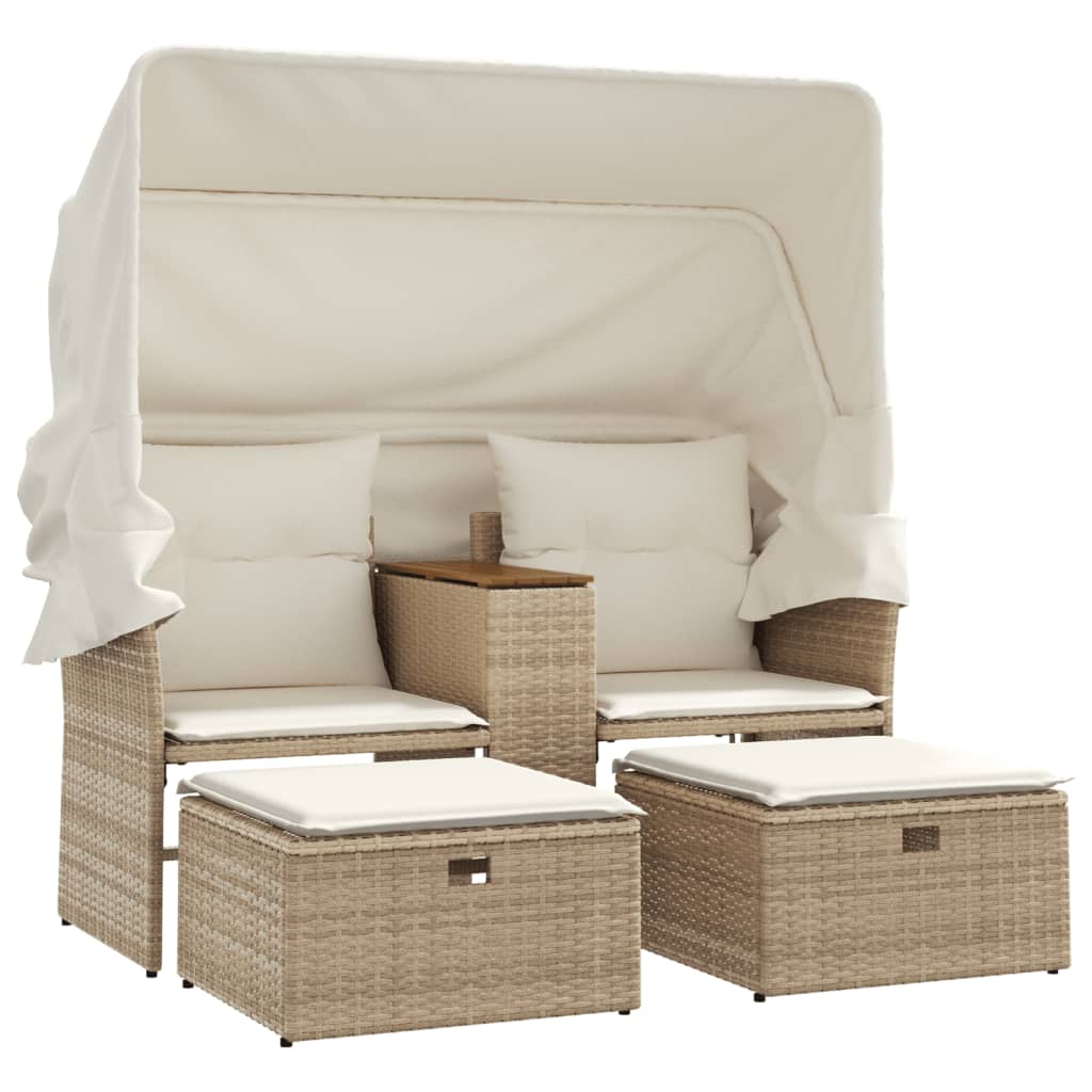 Garden Sofa 2-Seater with Roof and Stools Beige Poly Rattan