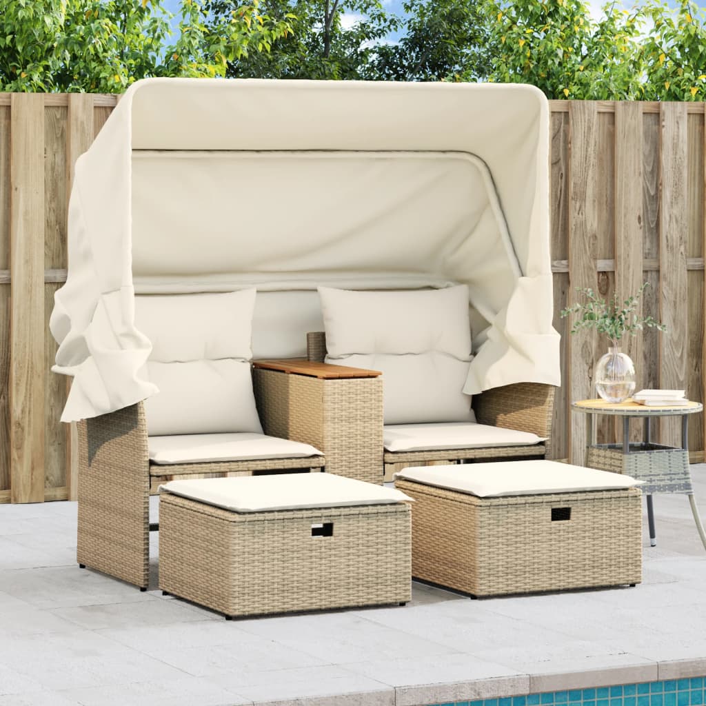 Garden Sofa 2-Seater with Roof and Stools Beige Poly Rattan