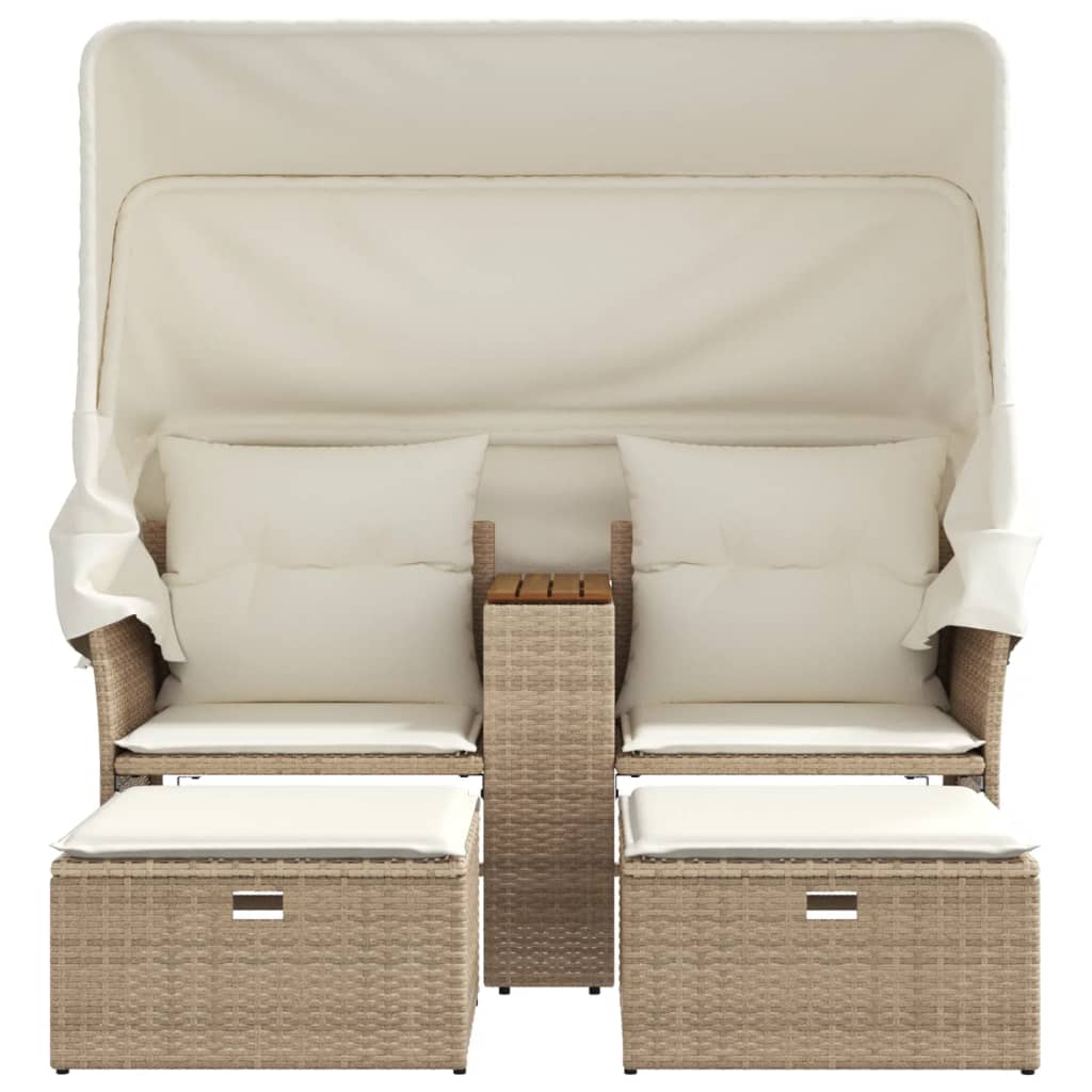 Garden Sofa 2-Seater with Roof and Stools Beige Poly Rattan