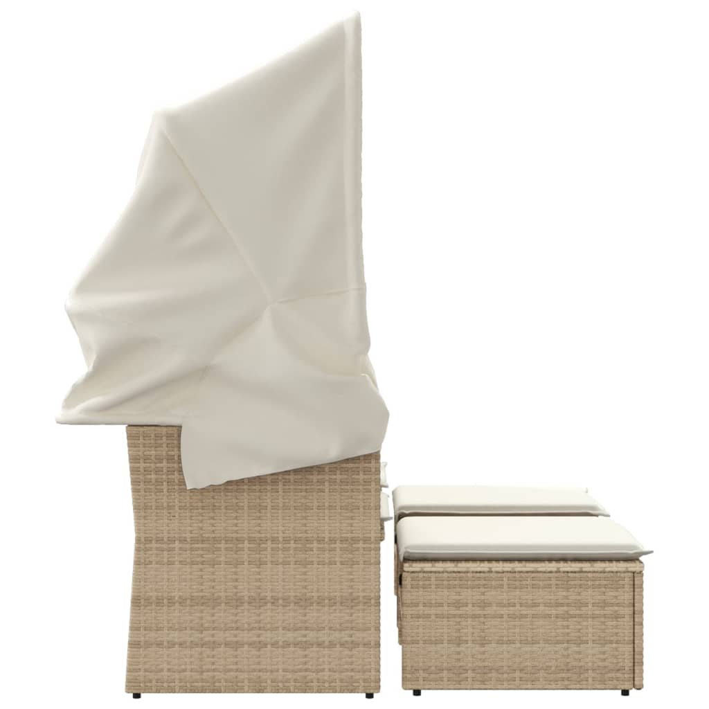 Garden Sofa 2-Seater with Roof and Stools Beige Poly Rattan