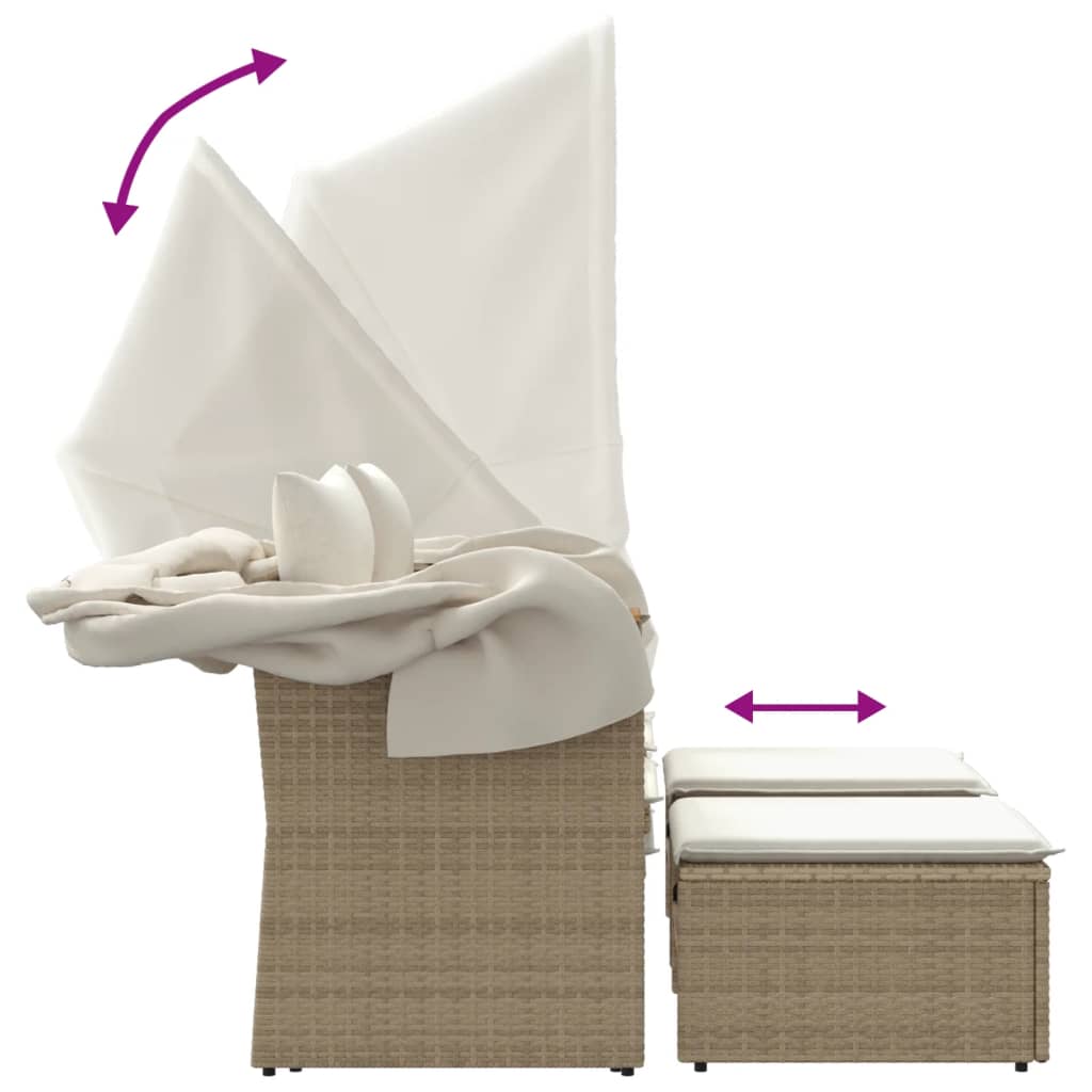 Garden Sofa 2-Seater with Roof and Stools Beige Poly Rattan